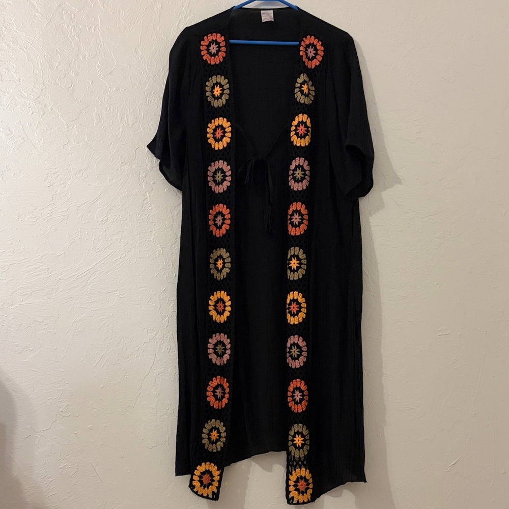 No Boundaries Black Kimono with Floral Embroidery
